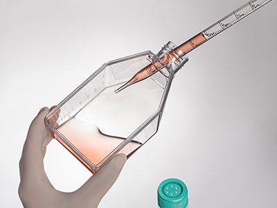 The tilted bottleneck facilitates liquid  pouring, as well as convenient operations  of pipettes and cell scrapers.